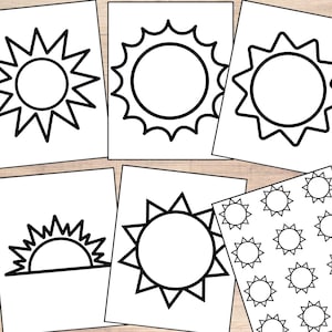Puede incluir: Un conjunto de seis contornos de sol imprimibles en blanco y negro. Los contornos de sol son de diferentes estilos, incluyendo un círculo simple con rayos, un sol más detallado con una cara y un sol con una luna creciente.