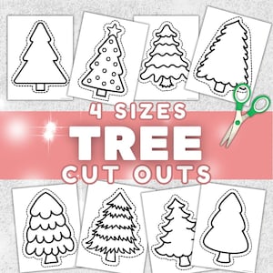 May include: Eight white paper cutouts of Christmas trees in various designs and sizes, with dotted lines for easy cutting. The text "4 SIZES TREE CUT OUTS" is displayed in large, bold letters. A pair of green scissors is also included.