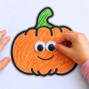 Op de afbeelding: Een papieren uitsnede van een pompoen ingekleurd met oranje krijt en een groene steel, voorzien van een zwarte omlijning en een stippellijn om te knippen. Twee wiebeloogjes worden op de pompoen geplaatst die een getekende zwarte glimlach heeft.