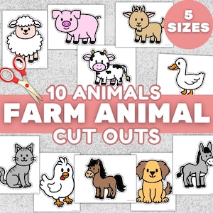 May include: A collection of ten farm animal cut-out designs, including a sheep, pig, goat, cow, duck, cat, chicken, horse, dog, and donkey. The text "10 ANIMALS FARM ANIMAL CUT OUTS" is displayed. A pair of scissors is also included.
