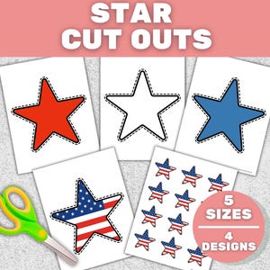 May include: Image of star cutouts in red, white, and blue, with a star-spangled banner design. The image includes scissors and a circular graphic indicating 5 sizes and 4 designs. The text "STAR CUT OUTS" is at the top.