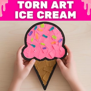 Puede incluir: Un proyecto de manualidades titulado TORN ART ICE CREAM que muestra una forma de helado con contorno negro, rellena de papel rosa rasgado para la bola y papel marr&oacute;n para el cono, decorada con peque&ntilde;os trozos de papel de colores.