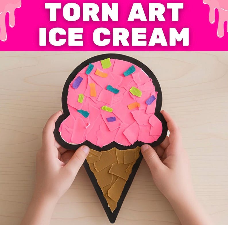 Puede incluir: Un proyecto de manualidades titulado TORN ART ICE CREAM que muestra una forma de helado con contorno negro, rellena de papel rosa rasgado para la bola y papel marr&oacute;n para el cono, decorada con peque&ntilde;os trozos de papel de colores.
