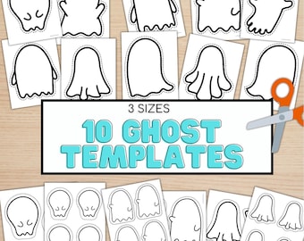 May include: A collection of white ghost templates in various shapes and sizes, printed on individual white paper squares. The text "3 SIZES 10 GHOST TEMPLATES" is displayed in a blue font. A pair of orange-handled scissors is also present.