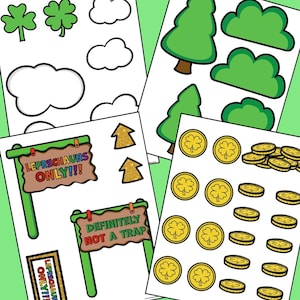 Op de afbeelding: Printbare set met afbeeldingen met het thema St. Patrick's Day, waaronder klavertjesvier, wolken, bomen, gouden munten en borden met de tekst "Leprechauns Only!!" en "Definitely Not a Trap".