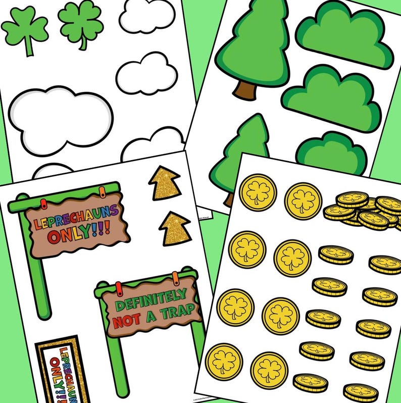 Op de afbeelding: Printbare set met afbeeldingen met het thema St. Patrick's Day, waaronder klavertjesvier, wolken, bomen, gouden munten en borden met de tekst "Leprechauns Only!!" en "Definitely Not a Trap".