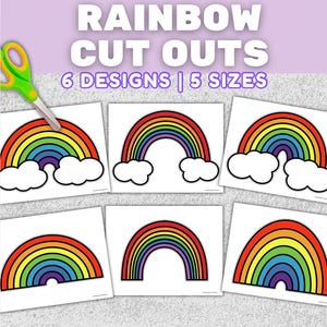 May include: Rainbow cutouts in six designs and five sizes. The image displays various rainbow designs with vivid colours, including red, orange, yellow, green, blue, and purple. Each rainbow has a black outline and is paired with white cloud shapes. Green scissors are also present.