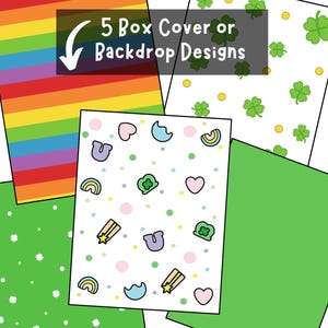 Op de afbeelding: Vijf printbare ontwerpen voor doosdeksels of achtergronden. De ontwerpen omvatten een regenboogstrepenpatroon, een groen klavertjevier-patroon, een effen groen patroon, een wit patroon met klavertjes, harten, sterren en regenbogen, en een wit patroon met klavertjes, harten, sterren en regenbogen.