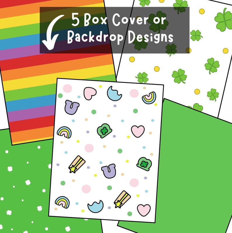 Op de afbeelding: Vijf printbare ontwerpen voor doosdeksels of achtergronden. De ontwerpen omvatten een regenboogstrepenpatroon, een groen klavertjevier-patroon, een effen groen patroon, een wit patroon met klavertjes, harten, sterren en regenbogen, en een wit patroon met klavertjes, harten, sterren en regenbogen.