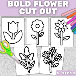 Może przedstawiać: Pięć białych papierowych wycinanek z odważnymi wzorami kwiatów, w tym tulipan, stokrotka i inne kompozycje kwiatowe. Tekst "BOLD FLOWER CUT OUT" znajduje się na górze, a "5 SIZES" na dole. Po lewej stronie znajdują się zielono-żółte nożyczki.