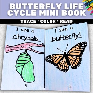 May include: A mini book open to pages 5 and 6, illustrating the butterfly life cycle. Page 5 shows a green chrysalis hanging from a branch. Page 6 displays a monarch butterfly with orange and black wings. Text includes "Trace, Color, Read."