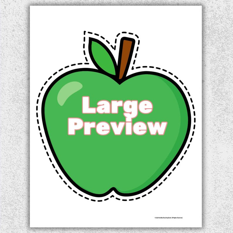 May include: A green apple illustration with a black outline and a brown stem and green leaf. The words "Large Preview" are in white with a pink outline, centered on the apple.