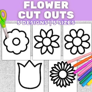 Op de afbeelding: Vijf witte papieren uitsparingen met verschillende bloemontwerpen met zwarte contouren. De tekst "FLOWER CUT OUTS" en "5 DESIGNS | 5 SIZES" staat bovenaan. Schaar en gekleurde stiften zijn ook zichtbaar.