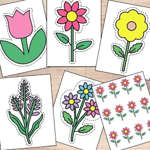 Fleurs découpées colorées : 5 modèles aux couleurs vives et 5 tailles | Artisanat printanier imprimable, tableaux d'affichage, décoration et activités d'apprentissage