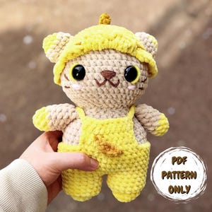 Banana Cat Crochet Pattern: Amigurumi Plush Toy with Overalls DIY (PDF Download)