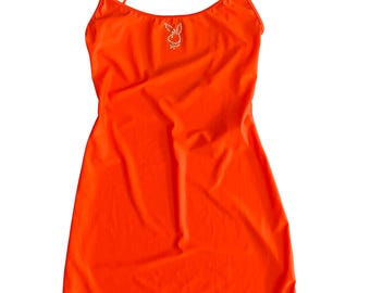 Vestido mini vintage Playboy Y2K con espalda baja de licra naranja y diamantes de imitación, talla M
