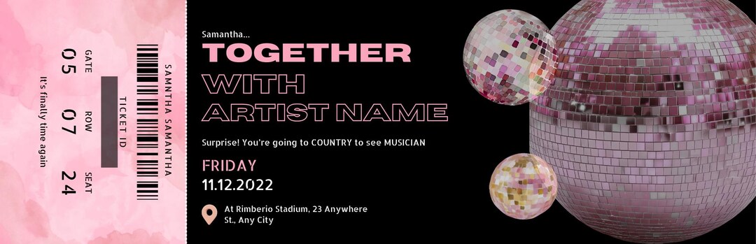 Editable Concert Ticket Template | Digital Download | Personalized Gift ...