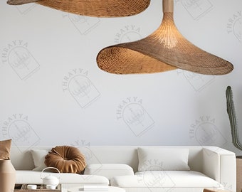 Lampada a sospensione in bambù intrecciata a forma di cappello fatta a mano, plafoniera in paglia intrecciata, decorazioni per illuminazione per interni, regalo di inaugurazione della casa, Pinterest Home Decor