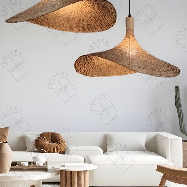 Suspension faite main en bambou tressé en forme de chapeau, plafonnier en paille tressée, éclairage intérieur décoratif, cadeau de pendaison de crémaillère, décoration d'intérieur Pinterest