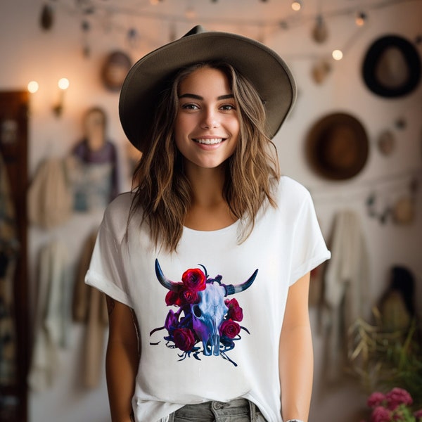 Rustic Rose & Cow Skull T-Shirt, Artistic Country Style Top, Ideal Birthday Gift for Bohemian Souls