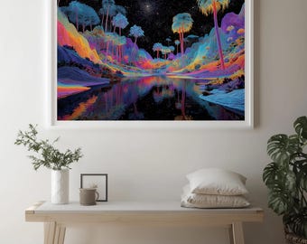 Vaporwave Palm Trees || Glitch art, trippy landscape poster, visionary decor, digital download