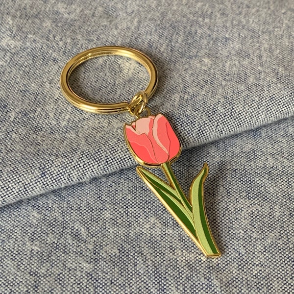 Tulip Soft Enamel Keychain, Blossom Metal Keyring, Floral Gold Keyholder, Botanical Jewelry, Flower Key Fob,  Plant Lover Accessory Gift