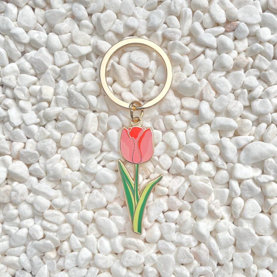 Red Tulip Soft Enamel Keychain, Blossom Metal Keyring, Floral Gold Keyholder, Botanical Jewelry, Flower Key Fob,  Plant Lover Accessory Gift