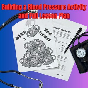 Puede incluir: Una ilustración en blanco y negro de un brazalete de presión arterial, junto con una hoja de trabajo titulada "¡Construyamos una presión arterial!" y un brazalete de presión arterial real. La hoja de trabajo incluye instrucciones para una actividad de presión arterial.