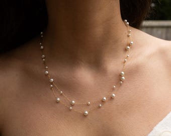 Delicate Pearl & Gold Freshwater Pearl Necklace Boho Chic Minimalist Jewelry Gift for Women Wedding Bridal Necklace
