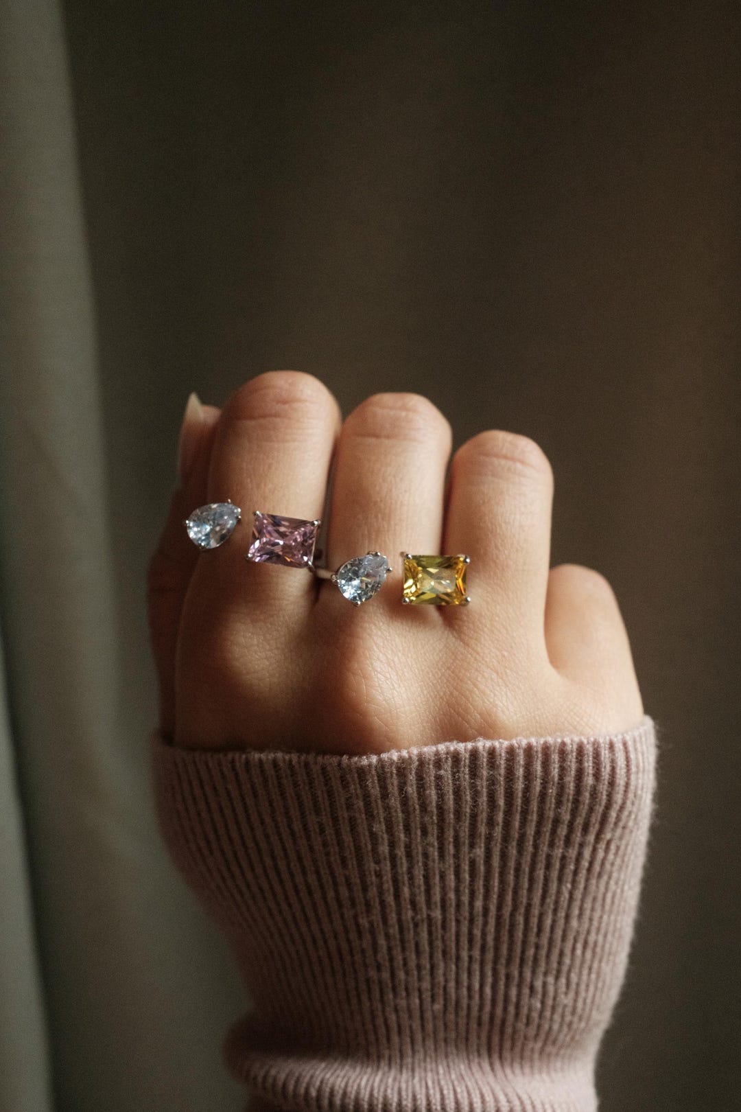 Adjustable Crystal Statement Ring: Silver Tone Pink & Yellow Fashion ...