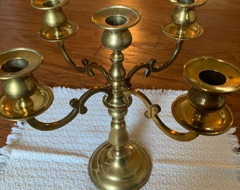 Antique Brass 5 Candle Stick Candelabra with Tulip Cup  and Wax Plates, Table Centerpiece, Elegant Home Decor