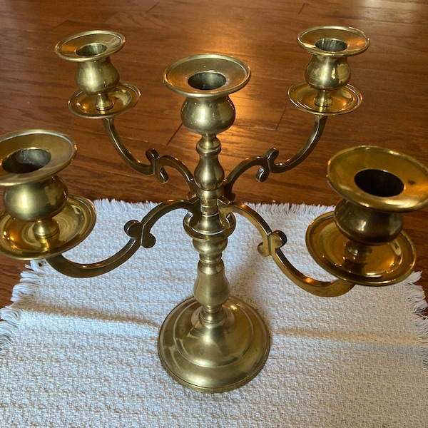 Antique Brass 5 Candle Stick Candelabra with Tulip Cup  and Wax Plates, Table Centerpiece, Elegant Home Decor