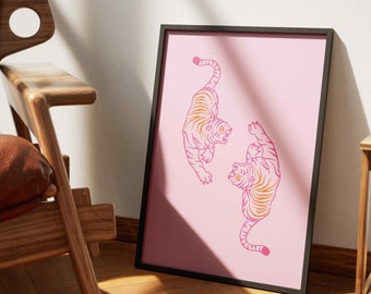 Pink Tiger Wall Art Printable, Maximalist Animal Print, Eclectic Gallery Wall Decor, Colorful Safari Poster, Digital Download