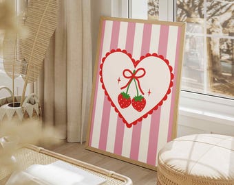 Kokette Erdbeerherz Druck, rosa Streifen, Girly Zimmer Dekor (Digitaler Download)