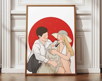 Custom Couple and Pet Portrait, Personalized Portrait from Photo, Dog Cat Family Illustration, Anniversary Gift, Digital Download
