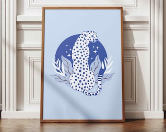 Blue Cheetah Animal Print, Cheetah Wall Art, Big Cat Print, Preppy Room Decor, Jungle Animal Print, Animal Wall Art, Boho Wall Art