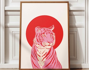 Pink Tiger Print, Maximalist Animal Wall Art, Preppy Room Decor, Colorful Tiger Poster, Digital Download