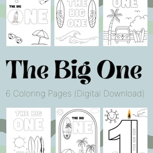 Könnte beinhalten: Sechs Schwarzweiß-Malvorlagen mit dem Text "The Big One" und verschiedenen Strandmotiven, darunter Surfbretter, Palmen und ein Van.