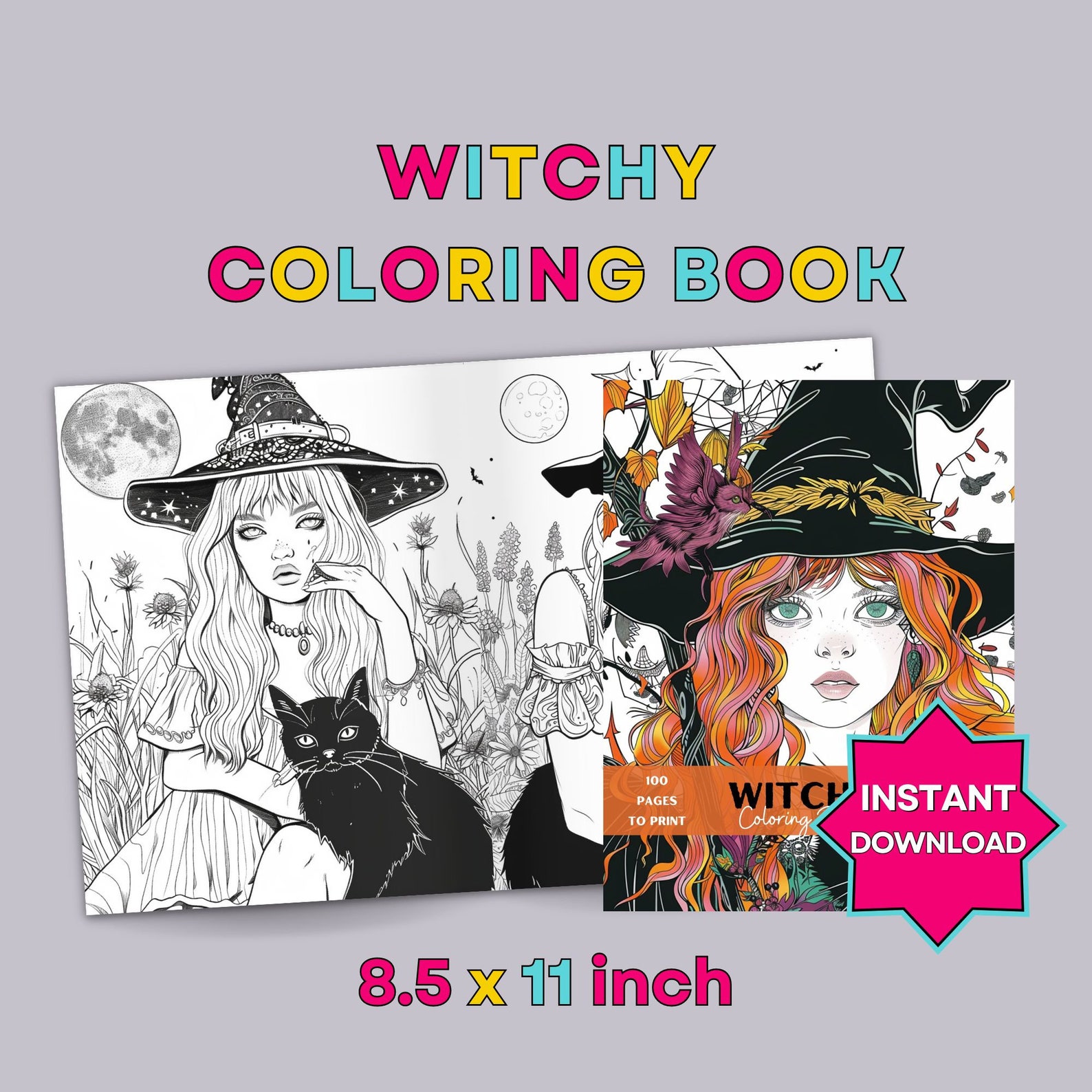 Printable Pdf Witch Coloring Book Witchy Aesthetic Grayscale Coloring Book for Adults and Kids ...