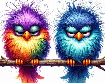 Funny Birds On A Branch JPG Art Cottagecore Watercolor Ephemera Funny Birds Colorful Birds Whimsical JPG Images (12x12in, 300 DPI)
