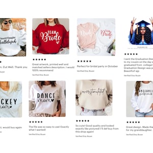 May include: Collection of various t-shirts and sweatshirts with text designs. Includes a white sweatshirt with "hard fought hallelujah", a red "Team Bride" sweatshirt, and a light pink "Bride" t-shirt. Other designs include "Hockey Mom" and "Baseball Girlfriend".