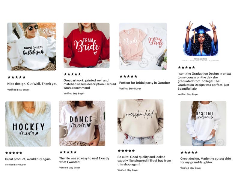 May include: Collection of various t-shirts and sweatshirts with text designs. Includes a white sweatshirt with "hard fought hallelujah", a red "Team Bride" sweatshirt, and a light pink "Bride" t-shirt. Other designs include "Hockey Mom" and "Baseball Girlfriend".
