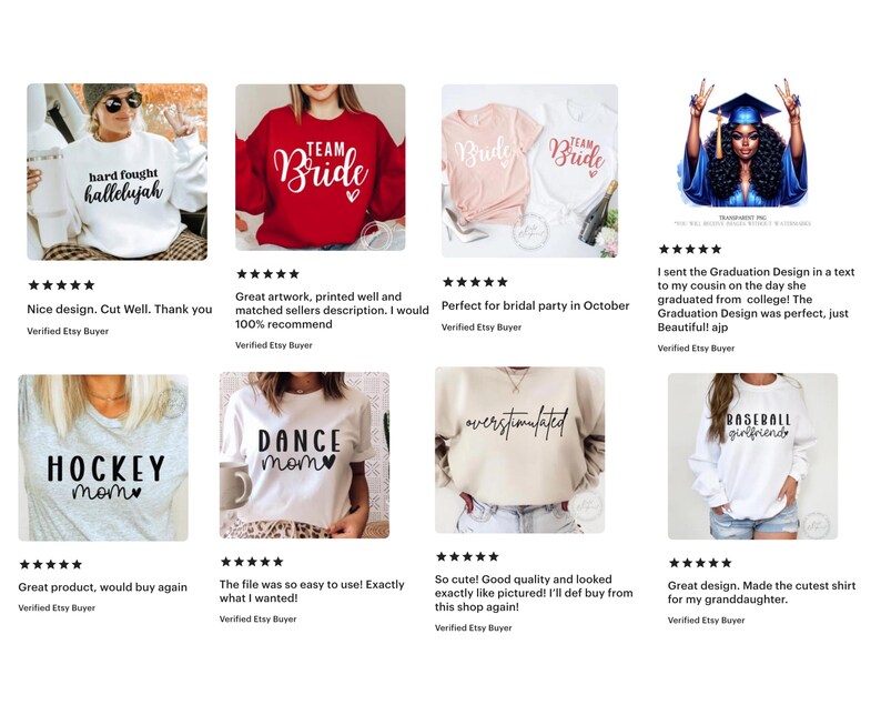 May include: A selection of t-shirts and sweatshirts featuring text. Includes a white sweatshirt with "hard fought hallelujah", a red "Team Bride" sweatshirt, and a light pink "Bride" t-shirt. Other designs include "HOCKEY mom", "DANCE mom", and "overstimulated".