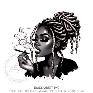 May include: Black and white digital illustration of a woman with dreadlocks smoking a cigarette. The woman is wearing a black shirt and has a serious expression on her face.