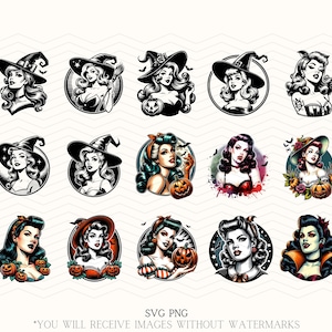 Retro Pin Up Girls, SVG, PNG, Halloween Pin Up Girls, Halloween Clipart, Gruselige Saison zwart svg, Pin Up Clipart, Vintage Png, Hexe Pin Ups