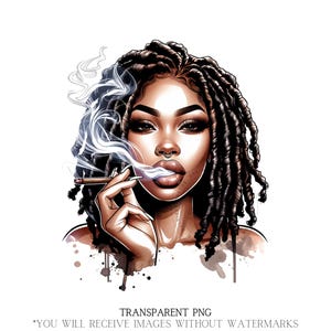 May include: A watercolour illustration of a woman with dark skin, wearing a nose ring, and dark dreadlocks. She is smoking a cigarette, with smoke billowing around her face. The image has brown and black tones.