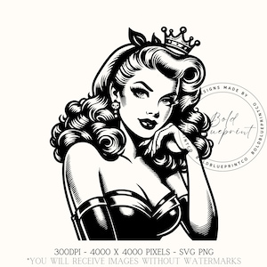 Pin Up PNG, SVG, Queen Crown Png, Queen Clipart, Retro Svg, Crown Svg, Girl Boss, Pin Up Clipart, Retro Girl Clipart, Vintage Pin Up, Retro