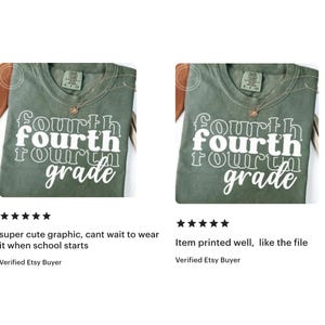 May include: Two olive green t-shirts with the words "Fourth Grade" in a layered white font. The shirts have a crew neck and are displayed with a necklace. The text "super cute graphic, cant wait to wear it when school starts" is below one shirt.