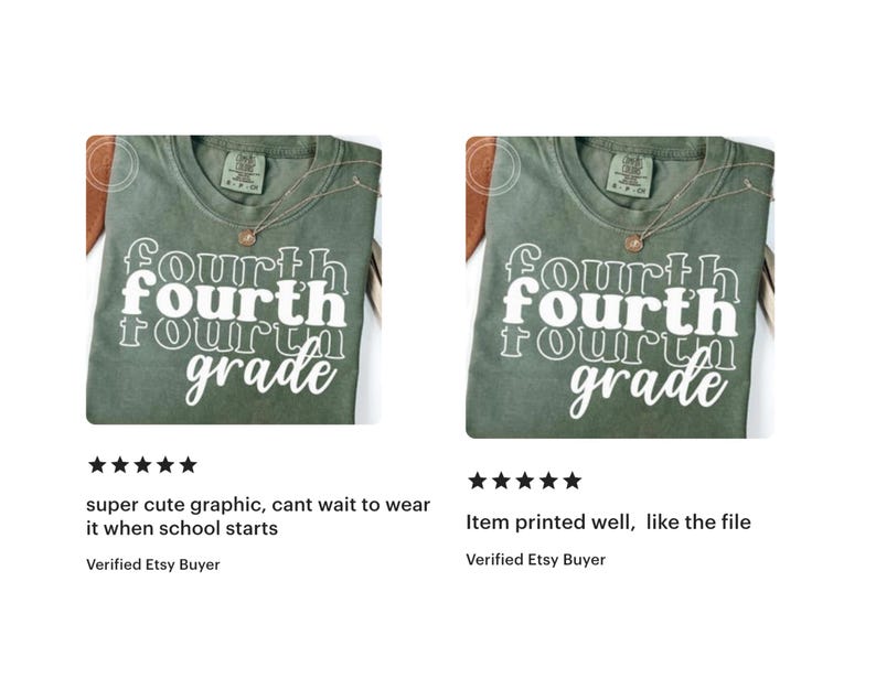 May include: Two olive green t-shirts with the words "Fourth Grade" in a layered white font. The shirts have a crew neck and are displayed with a necklace. The text "super cute graphic, cant wait to wear it when school starts" is below one shirt.