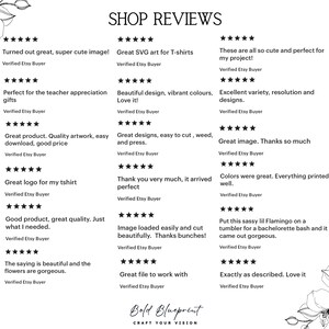 May include: A black and white graphic featuring customer reviews with star ratings. The text includes phrases like "Great SVG art," "Excellent variety," and "Great image." The shop's logo, "Bold Blueprint," is at the bottom.